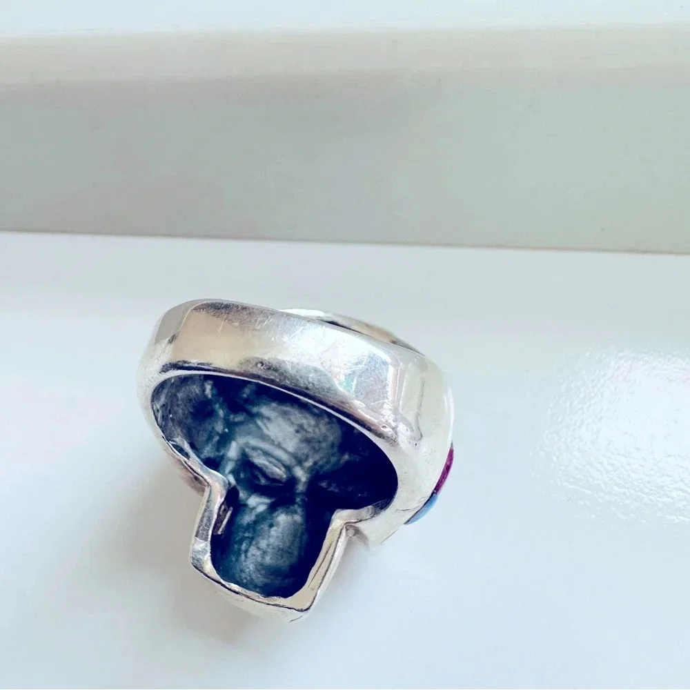 Handmade Sterling Silver & Multi Stone Inlay Skull/Biker/Rocker Ring Size 9.5